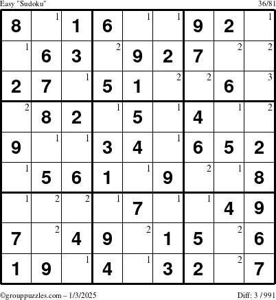 The grouppuzzles.com Easy Sudoku puzzle for Friday January 3, 2025 with the first 3 steps marked