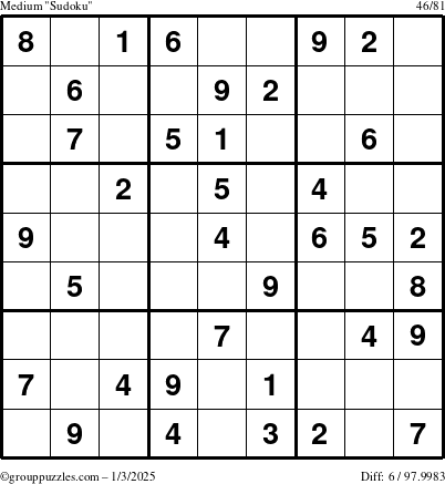 The grouppuzzles.com Medium Sudoku puzzle for Friday January 3, 2025