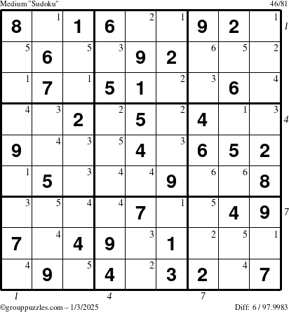 The grouppuzzles.com Medium Sudoku puzzle for Friday January 3, 2025, suitable for printing, with all 6 steps marked