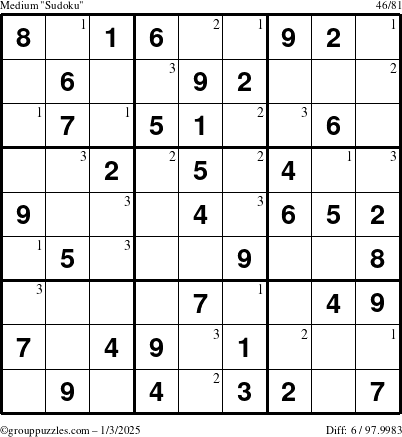 The grouppuzzles.com Medium Sudoku puzzle for Friday January 3, 2025 with the first 3 steps marked