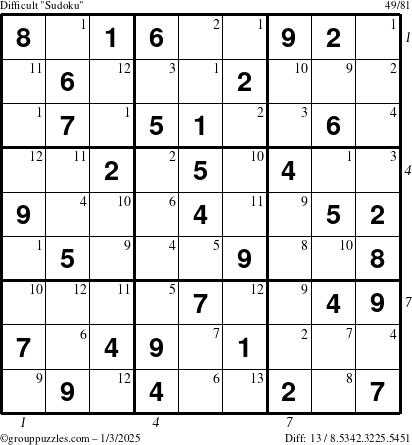 The grouppuzzles.com Difficult Sudoku puzzle for Friday January 3, 2025 with all 13 steps marked