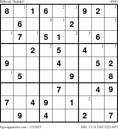 The grouppuzzles.com Difficult Sudoku puzzle for Friday January 3, 2025 with the first 3 steps marked