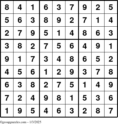 The grouppuzzles.com Answer grid for the Sudoku puzzle for Friday January 3, 2025