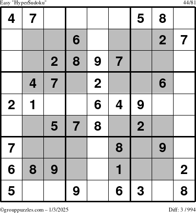 The grouppuzzles.com Easy HyperSudoku puzzle for Friday January 3, 2025