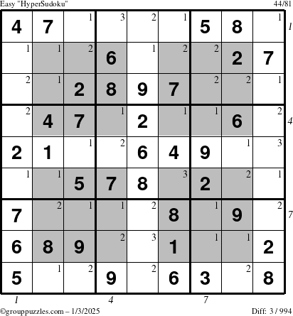 The grouppuzzles.com Easy HyperSudoku puzzle for Friday January 3, 2025 with all 3 steps marked