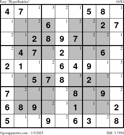 The grouppuzzles.com Easy HyperSudoku puzzle for Friday January 3, 2025 with the first 3 steps marked