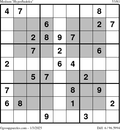 The grouppuzzles.com Medium HyperSudoku puzzle for Friday January 3, 2025