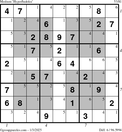 The grouppuzzles.com Medium HyperSudoku puzzle for Friday January 3, 2025, suitable for printing, with all 6 steps marked