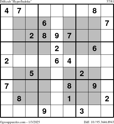 The grouppuzzles.com Difficult HyperSudoku puzzle for Friday January 3, 2025