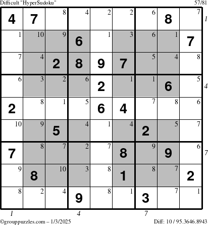 The grouppuzzles.com Difficult HyperSudoku puzzle for Friday January 3, 2025 with all 10 steps marked