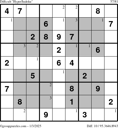 The grouppuzzles.com Difficult HyperSudoku puzzle for Friday January 3, 2025 with the first 3 steps marked