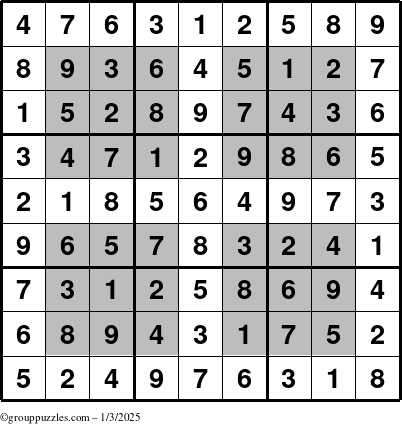 The grouppuzzles.com Answer grid for the HyperSudoku puzzle for Friday January 3, 2025