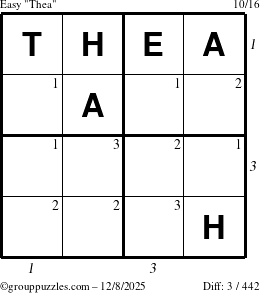 The grouppuzzles.com Easy Thea puzzle for Monday December 8, 2025, suitable for printing, with all 3 steps marked