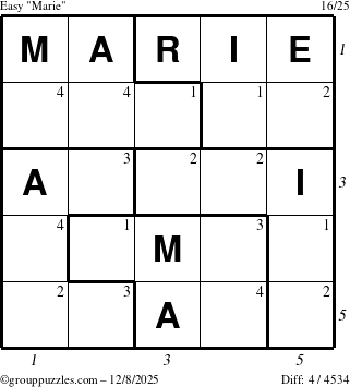 The grouppuzzles.com Easy Marie puzzle for Monday December 8, 2025, suitable for printing, with all 4 steps marked