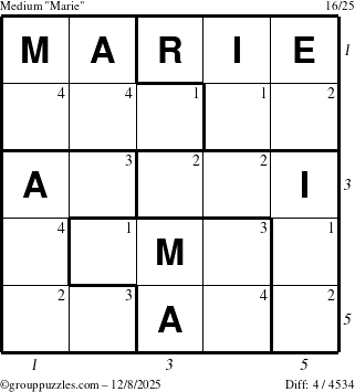 The grouppuzzles.com Medium Marie puzzle for Monday December 8, 2025, suitable for printing, with all 4 steps marked