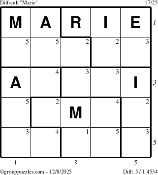 The grouppuzzles.com Difficult Marie puzzle for Monday December 8, 2025, suitable for printing, with all 5 steps marked