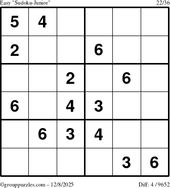 The grouppuzzles.com Easy Sudoku-Junior puzzle for Monday December 8, 2025