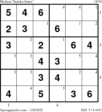 The grouppuzzles.com Medium Sudoku-Junior puzzle for Monday December 8, 2025, suitable for printing, with all 5 steps marked
