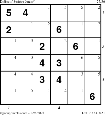 The grouppuzzles.com Difficult Sudoku-Junior puzzle for Monday December 8, 2025, suitable for printing, with all 6 steps marked
