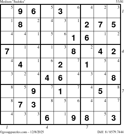 The grouppuzzles.com Medium Sudoku puzzle for Monday December 8, 2025, suitable for printing, with all 8 steps marked