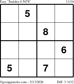 The grouppuzzles.com Easy Sudoku-4-5678 puzzle for Wednesday May 13, 2026