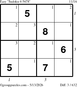 The grouppuzzles.com Easy Sudoku-4-5678 puzzle for Wednesday May 13, 2026, suitable for printing, with all 3 steps marked