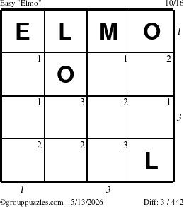 The grouppuzzles.com Easy Elmo puzzle for Wednesday May 13, 2026 with all 3 steps marked