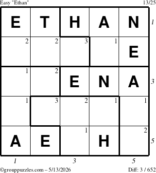 The grouppuzzles.com Easy Ethan puzzle for Wednesday May 13, 2026 with all 3 steps marked