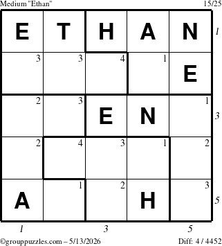 The grouppuzzles.com Medium Ethan puzzle for Wednesday May 13, 2026, suitable for printing, with all 4 steps marked