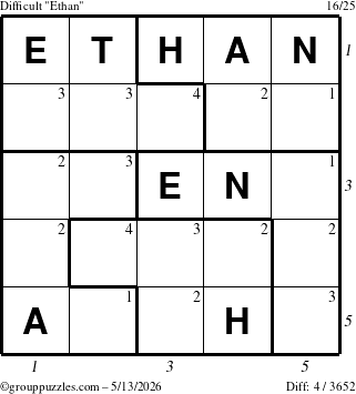 The grouppuzzles.com Difficult Ethan puzzle for Wednesday May 13, 2026, suitable for printing, with all 4 steps marked