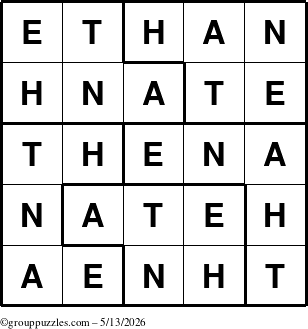 The grouppuzzles.com Answer grid for the Ethan puzzle for Wednesday May 13, 2026