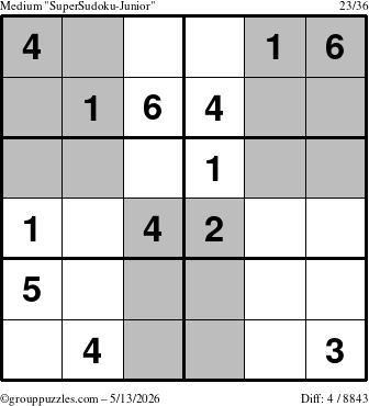 The grouppuzzles.com Medium SuperSudoku-Junior puzzle for Wednesday May 13, 2026