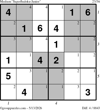 The grouppuzzles.com Medium SuperSudoku-Junior puzzle for Wednesday May 13, 2026 with all 4 steps marked