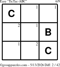 The grouppuzzles.com Easy TicTac-ABC puzzle for Wednesday May 13, 2026 with the first 2 steps marked