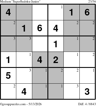 The grouppuzzles.com Medium SuperSudoku-Junior puzzle for Wednesday May 13, 2026 with the first 3 steps marked