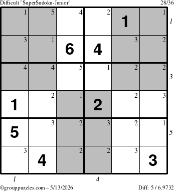 The grouppuzzles.com Difficult SuperSudoku-Junior puzzle for Wednesday May 13, 2026 with all 5 steps marked