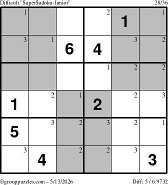 The grouppuzzles.com Difficult SuperSudoku-Junior puzzle for Wednesday May 13, 2026 with the first 3 steps marked
