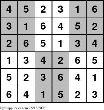 The grouppuzzles.com Answer grid for the SuperSudoku-Junior puzzle for Wednesday May 13, 2026