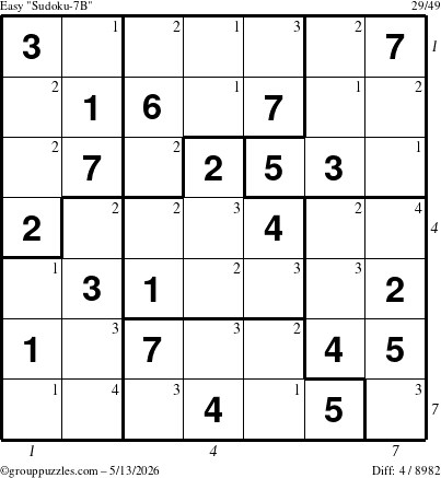 The grouppuzzles.com Easy Sudoku-7B puzzle for Wednesday May 13, 2026 with all 4 steps marked