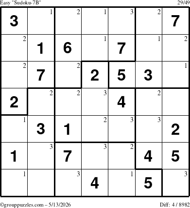 The grouppuzzles.com Easy Sudoku-7B puzzle for Wednesday May 13, 2026 with the first 3 steps marked
