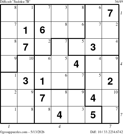 The grouppuzzles.com Difficult Sudoku-7B puzzle for Wednesday May 13, 2026 with all 10 steps marked