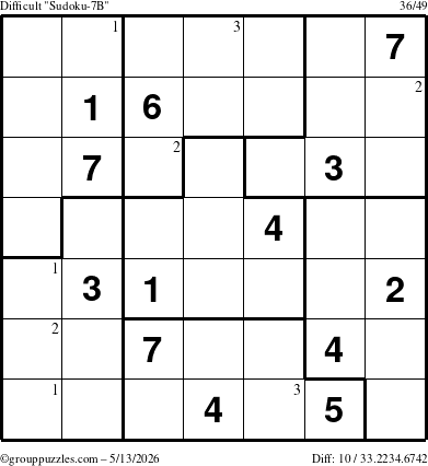 The grouppuzzles.com Difficult Sudoku-7B puzzle for Wednesday May 13, 2026 with the first 3 steps marked