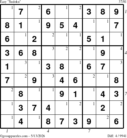 The grouppuzzles.com Easy Sudoku puzzle for Wednesday May 13, 2026 with all 4 steps marked