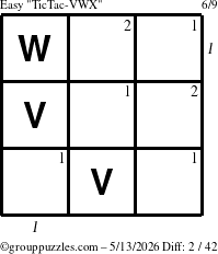 The grouppuzzles.com Easy TicTac-VWX puzzle for Wednesday May 13, 2026 with all 2 steps marked