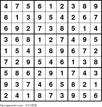 The grouppuzzles.com Answer grid for the Sudoku puzzle for Wednesday May 13, 2026