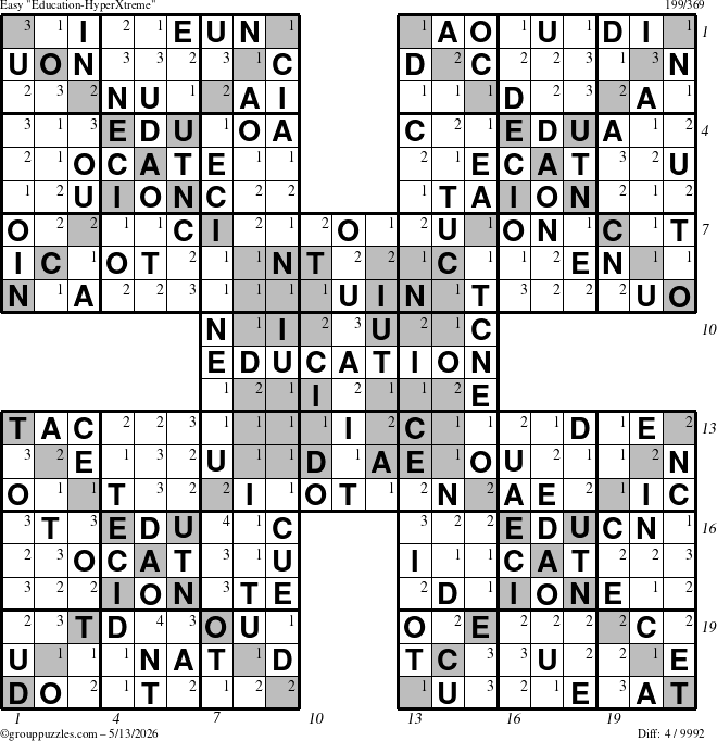 The grouppuzzles.com Easy Education-HyperXtreme puzzle for Wednesday May 13, 2026 with all 4 steps marked