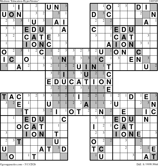The grouppuzzles.com Medium Education-HyperXtreme puzzle for Wednesday May 13, 2026 with the first 3 steps marked