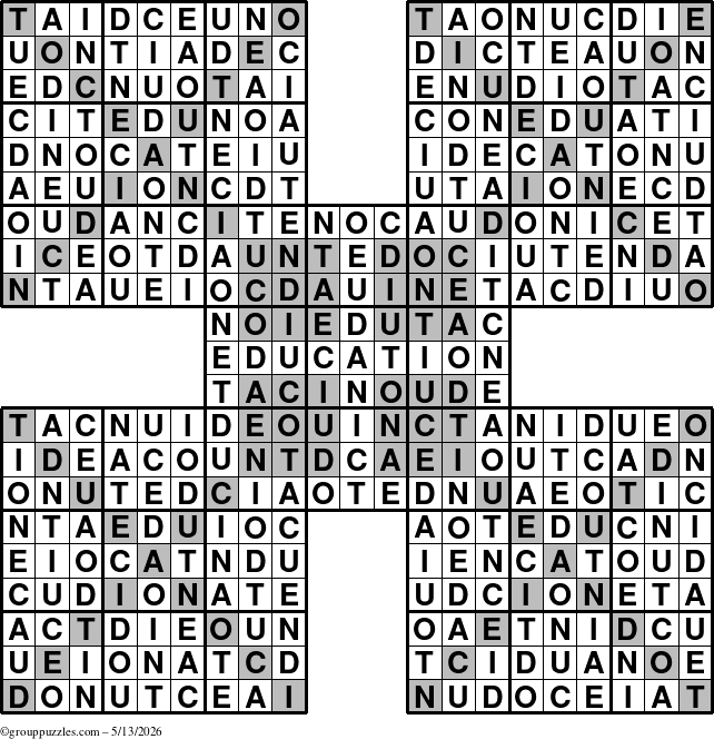 The grouppuzzles.com Answer grid for the Education-HyperXtreme puzzle for Wednesday May 13, 2026