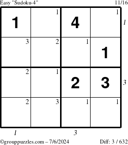 The grouppuzzles.com Easy Sudoku-4 puzzle for Saturday July 6, 2024 with all 3 steps marked