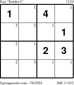 The grouppuzzles.com Easy Sudoku-4 puzzle for Saturday July 6, 2024 with the first 3 steps marked